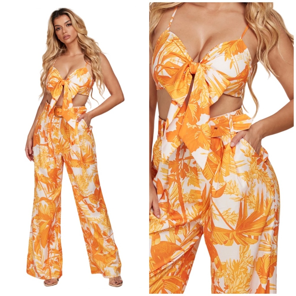 Yellow Tropical Print Pant Set by Latiste